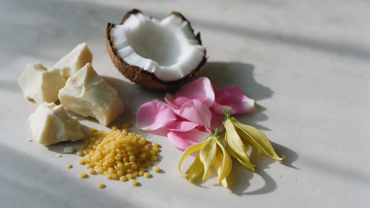 Kakao yağı parçaları, balmumu taneleri, hindistancevizi, gül yaprakları ve ylang ylang çiçekleri